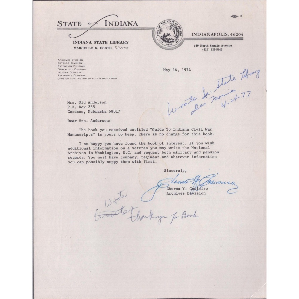 1974 Indiana State Library Signed Letter Civil War Manuscript Correspondence